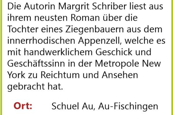 "Die Stickerin" Lesung mit Margrit Schriber